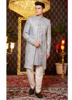 Art Silk Grey Wedding Wear Thread Work Readymade Indo Western Sherwani